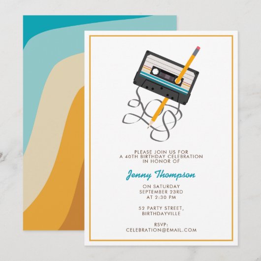 Invitation Drôle 80s Musique Retro Cassette Bande 40e anniver (Devant / Derrière)