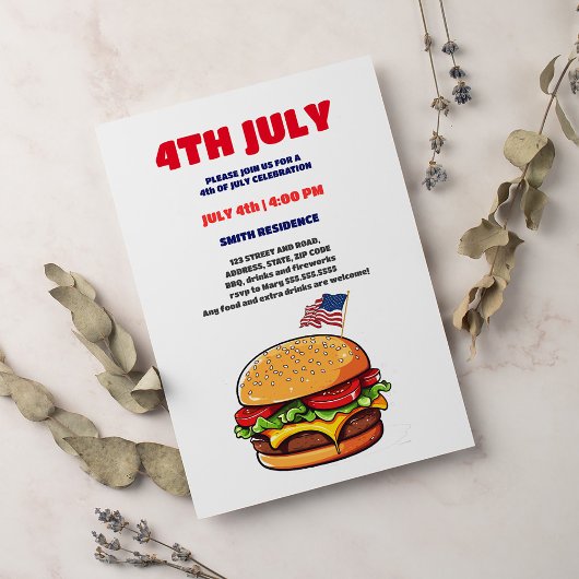 Invitation Drôle burger drapeau américain plaid bbq 4 juillet