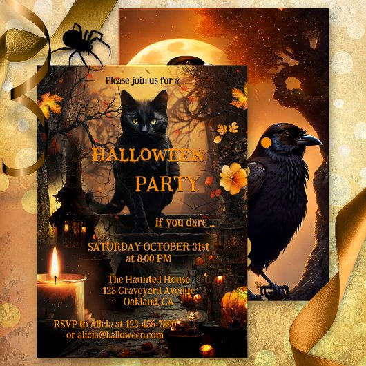 Invitation Drôle Chat et Raven Halloween Party