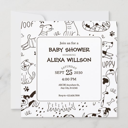 Invitation Drôle Chiens doodle motif baby shower (Devant)