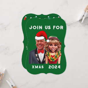 Invitation Drôle couple de caricature de Noël vert et rouge
