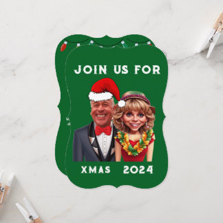 Invitation Drôle couple de caricature de Noël vert et rouge