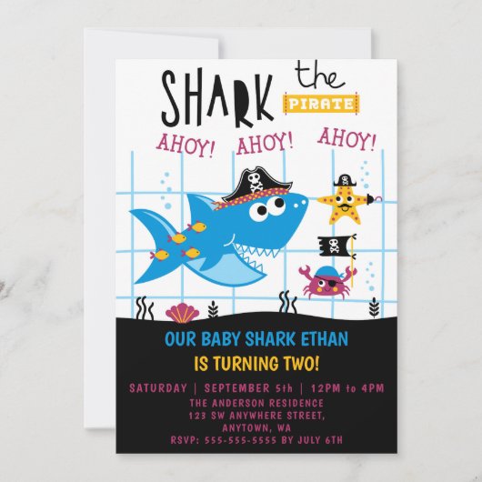 Invitation drôle d'anniversaire de pirate requin (Devant)
