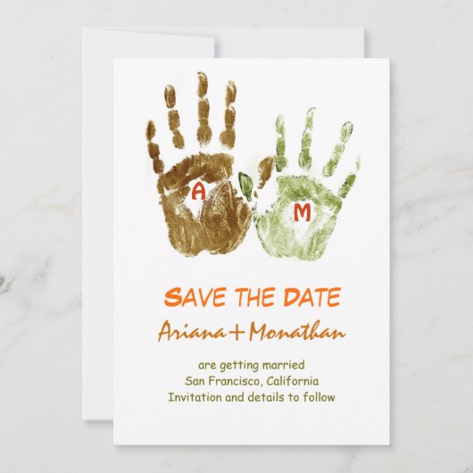 invitation drôle de save the date avec des mains (Devant)