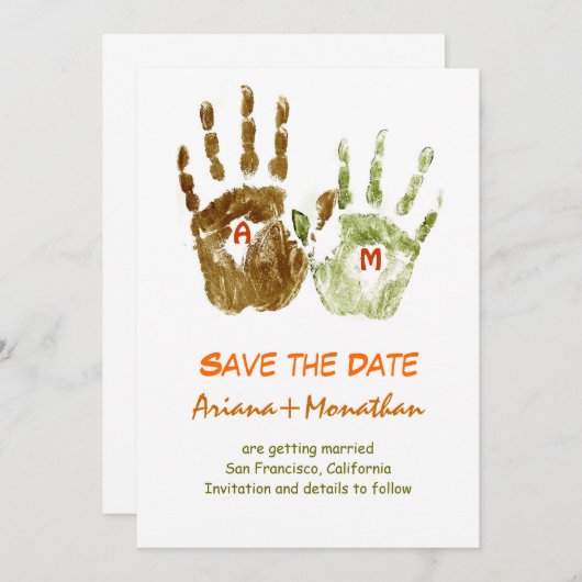 invitation drôle de save the date avec des mains (Devant / Derrière)