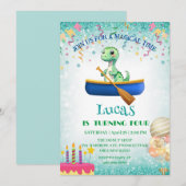 Invitation Drôle dinosaure Kayak Anniversaire de enfant party (Devant / Derrière)