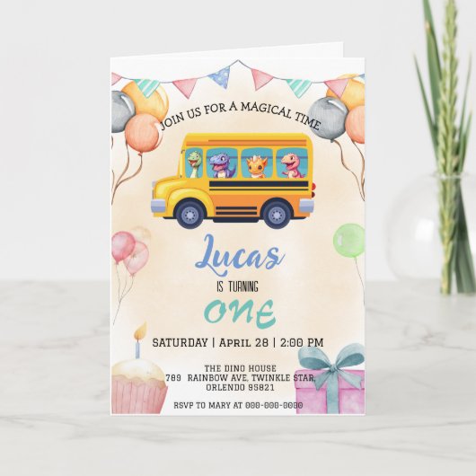 Invitation Drôle dinosaure Retour à l'école Bus garçon Annive (Devant)