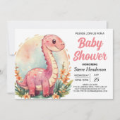 Invitation Drôle Elégant Baby shower fille Dinosaure Rose (Devant)