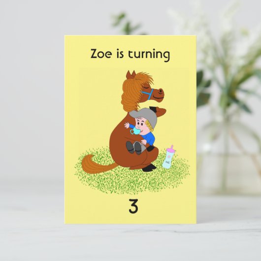 Invitation Drôle et mignon poney avec bébé - anniversaire de  (Debout devant)