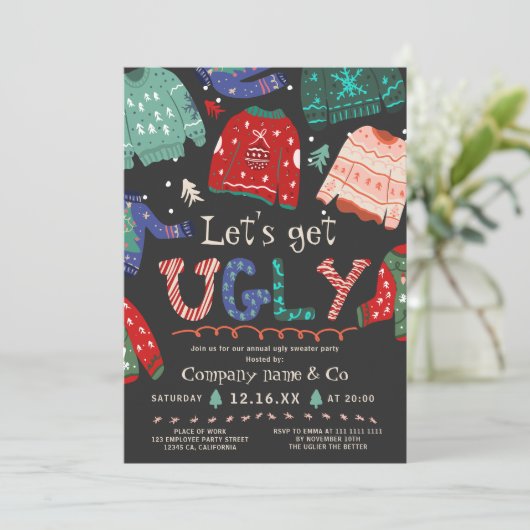 Invitation Drôle kitsch moche pull gris entreprise Noël (Debout devant)