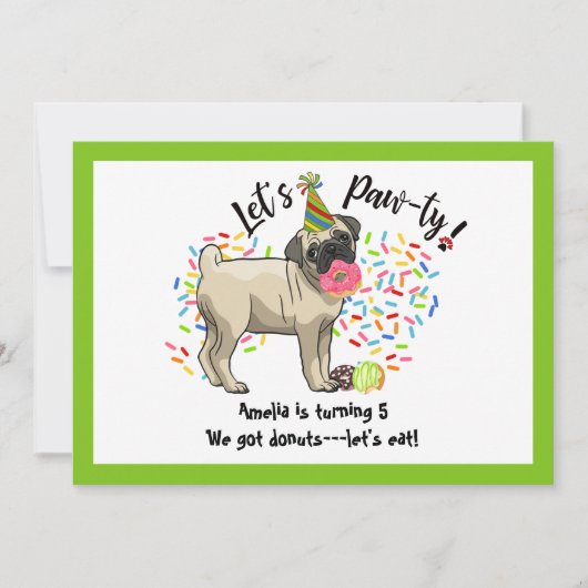 Invitation Drôle mignon Carlin animal chien beignets fête d'a (Devant)