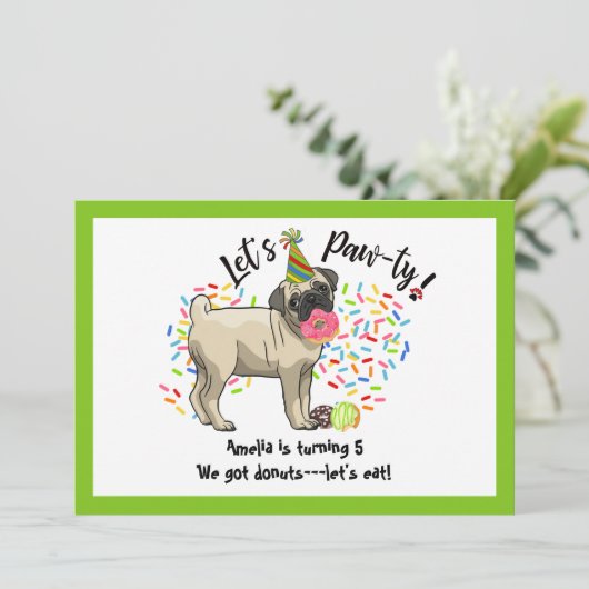 Invitation Drôle mignon Carlin animal chien beignets fête d'a (Debout devant)