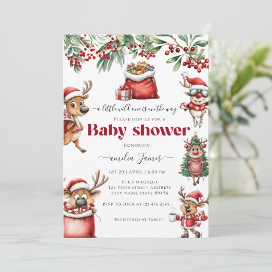 Invitation Drôle Quirky Christmas Reindeer baby shower (Debout devant)