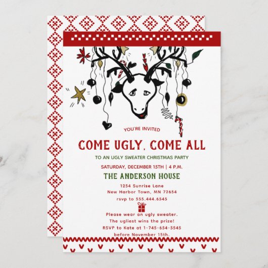 Invitation Drôle Rindeer moelleux renne nordique Knit Noël (Devant / Derrière)