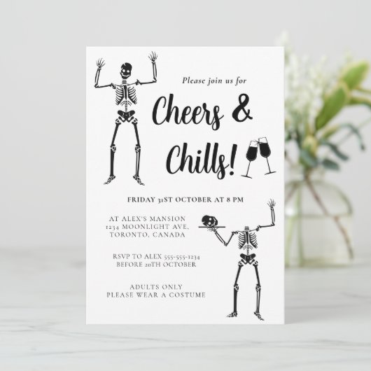 Invitation Drôle Skeleton Black & White Halloween Party (Debout devant)