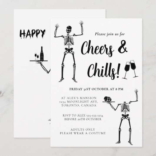 Invitation Drôle Skeleton Black & White Halloween Party (Devant / Derrière)