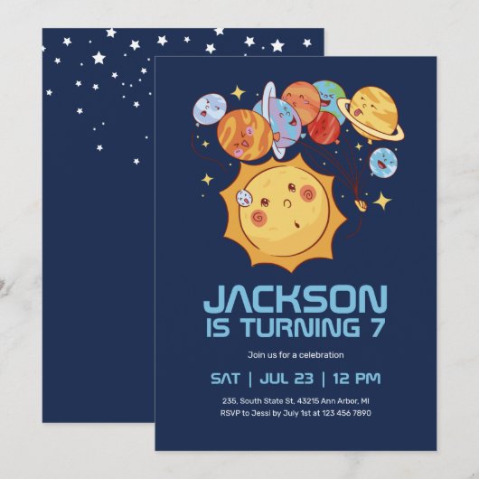 Invitation Drôle Soleil et Planètes Anniversaire de enfant de (Devant / Derrière)
