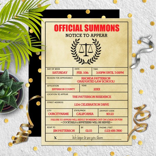 Invitation Drôle Subpoena Juridique Parti de Graduation de l'