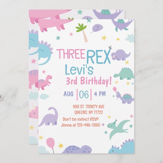 Invitation drôle Trois Rex 3ème Dinosaure Anniversaire (Devant / Derrière)
