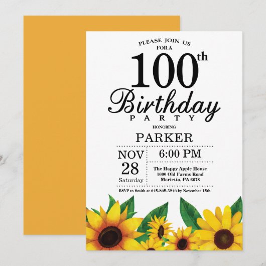 Invitation du 100e anniversaire du tournesol (Devant / Derrière)