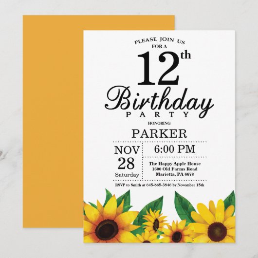 Invitation du 12e anniversaire du tournesol (Devant / Derrière)