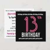 Invitation du 12e anniversaire Modèle rose noir (Devant / Derrière)