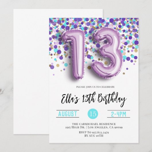 Invitation du 13e anniversaire (Devant / Derrière)
