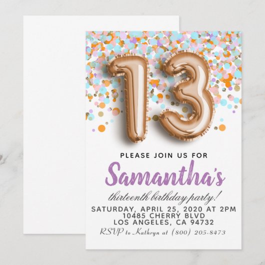 Invitation du 13e anniversaire (Devant / Derrière)