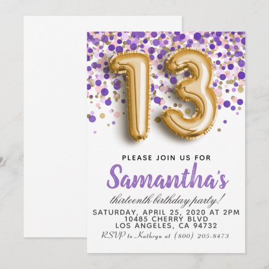 Invitation du 13e anniversaire (Devant / Derrière)