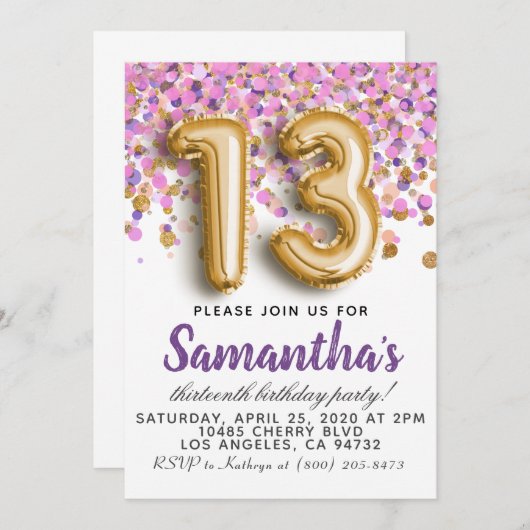 Invitation du 13e anniversaire (Devant / Derrière)