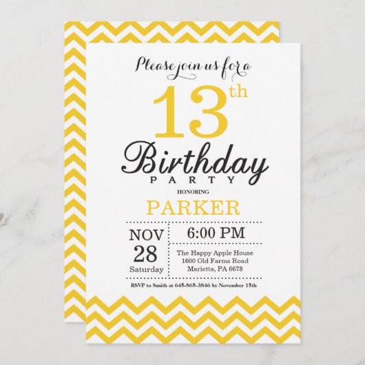 Invitation du 13e anniversaire Chevron jaune (Devant / Derrière)