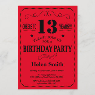Invitation du 13e anniversaire Noir et Rouge