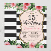 Invitation du 15e anniversaire. Floral rose or noi (Devant / Derrière)