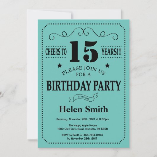 Invitation du 15e anniversaire Noir et Turquoise (Devant)