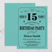 Invitation du 15e anniversaire Noir et Turquoise (Devant / Derrière)