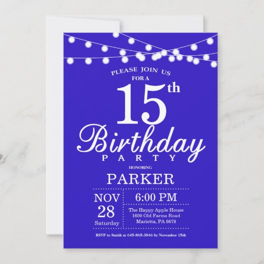 Invitation du 15e anniversaire Royal Blue (Devant)