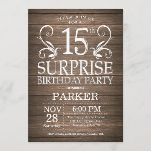 Invitation du 15e anniversaire surprise Bois rusti