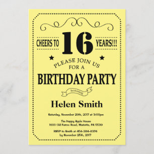 Invitation du 16e anniversaire Noir et Jaune