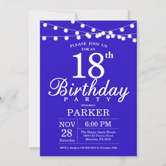 Invitation du 18e anniversaire Royal Blue (Devant)