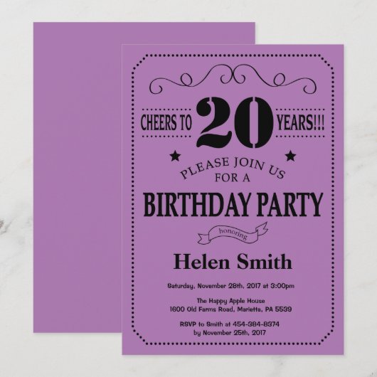 Invitation du 20e anniversaire Noir et violet (Devant / Derrière)