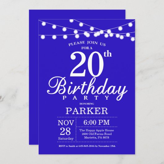 Invitation du 20e anniversaire Royal Blue (Devant / Derrière)