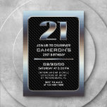 Invitation du 21e anniversaire masculin<br><div class="desc">Préparez-vous à un bain de garçon avec ce design d'anniversaire pointu pour lui ! Avec une typographie audacieuse et élégante sur un arrière - plan en fibre de carbone, ce design est construit comme un camion de deux tonnes. Le métal chromé et les textures noires donnent une touche masculine qui...</div>