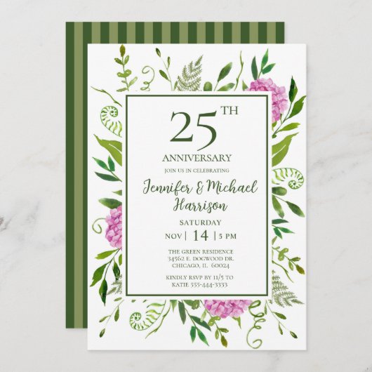 Invitation du 25e anniversaire de Pink Hydrangeas (Devant / Derrière)