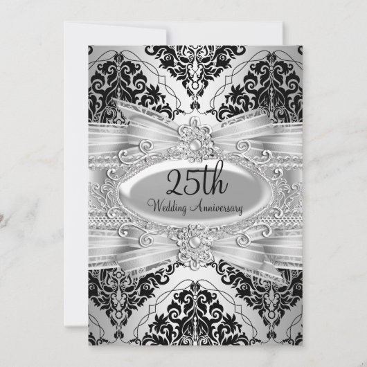 Invitation du 25e anniversaire Silver Black Damask (Devant)