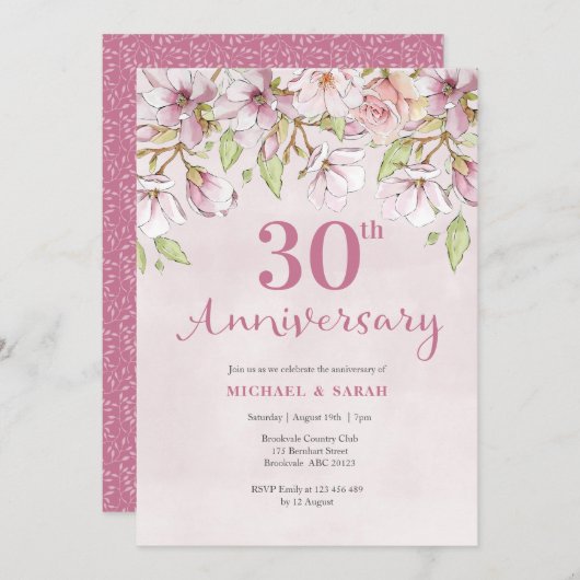 Invitation du 30e anniversaire Pink Floral (Devant / Derrière)