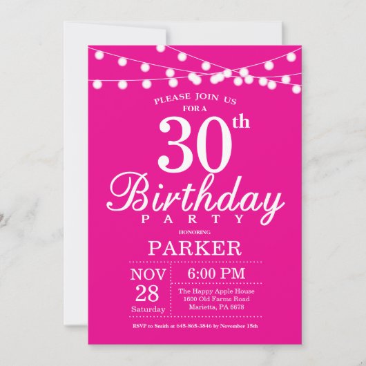 Invitation du 30e anniversaire rose chaud (Devant)