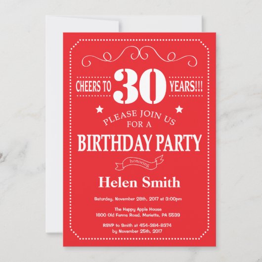 Invitation du 30e anniversaire Rouge et blanc (Devant)