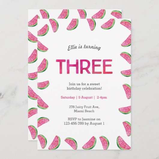 Invitation du 3e anniversaire | pastèque tropicale (Devant / Derrière)