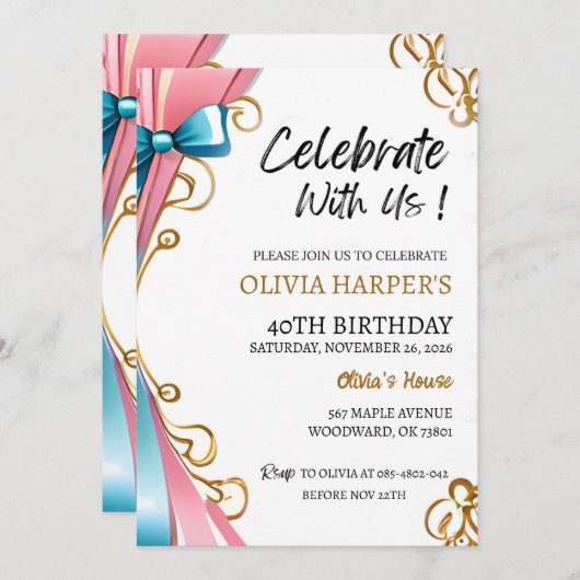 Invitation du 40e anniversaire avec rubans rose et (Devant / Derrière)