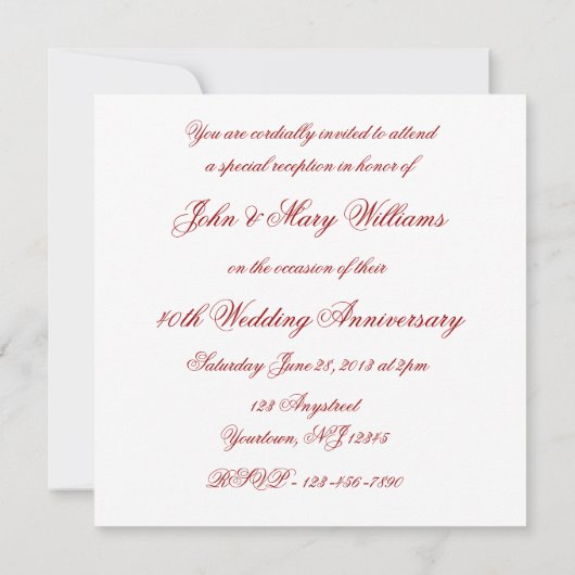 Invitation du 40e anniversaire du Mariage Damask (Dos)